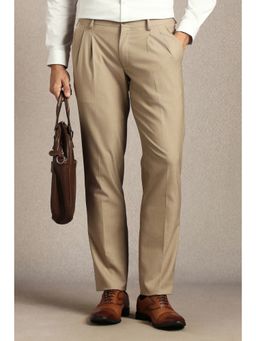 Louis Philippe - Men Beige Solid Pleated Formal Trousers