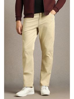 Louis Philippe - Men Beige Solid Flat Front Casual Trousers