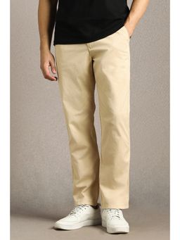 Louis Philippe - Men Beige Solid Flat Front Casual Trousers