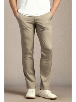 Louis Philippe - Men Beige Solid Flat Front Casual Trousers