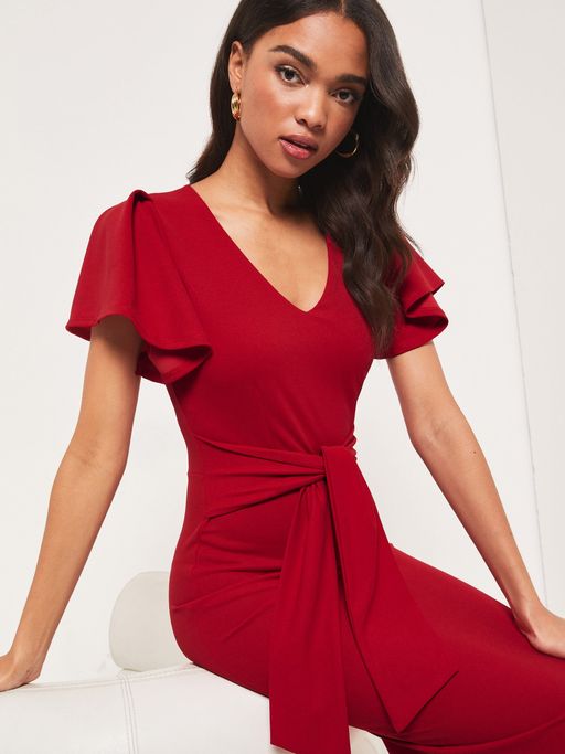 strapless open back dress MICHELLE KEEGAN FOR LIPSY RED LACE & SEQUINNED PENCIL DRESS SIZE 14 –  Whispers Dress Agency main image 1