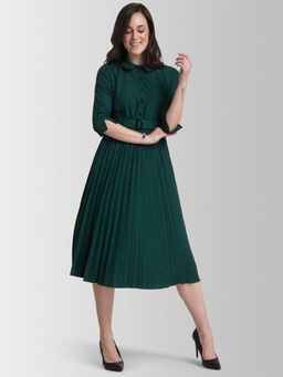 FableStreet - Peter Pan Collar Pleated A Line Dress - Green