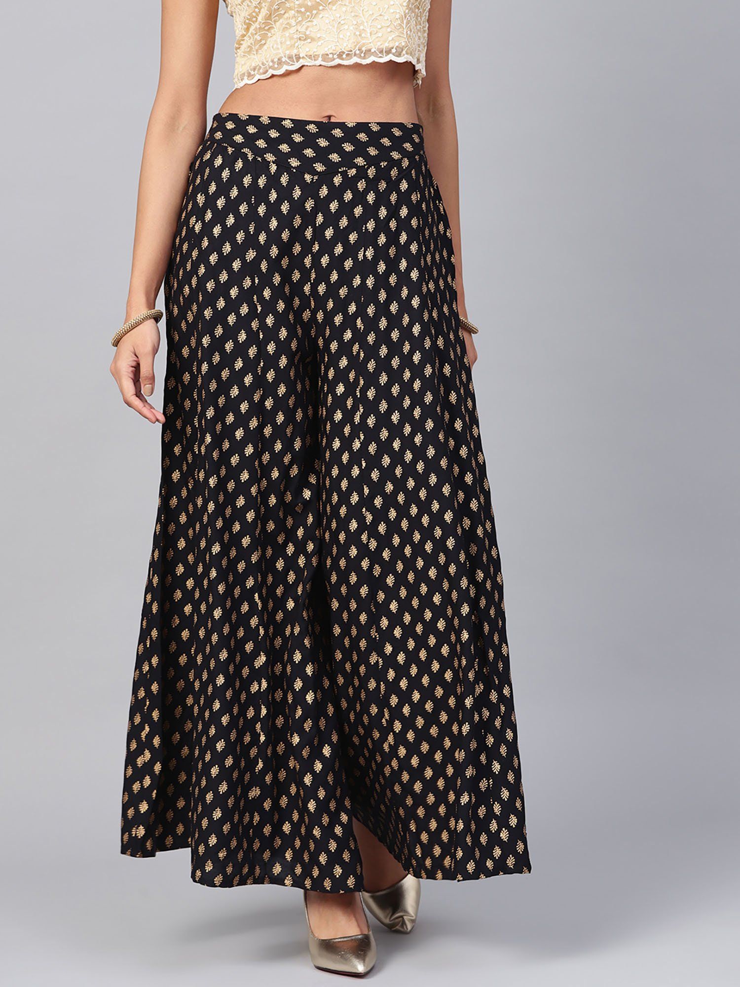 juniper Black Ethnic Motif Printed Rayon Flared Women Palazzo with One Pocket-picture-22