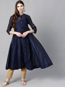 Juniper - Indigo Solid Chanderi Kalidar A-line Women Kurta with Buttons