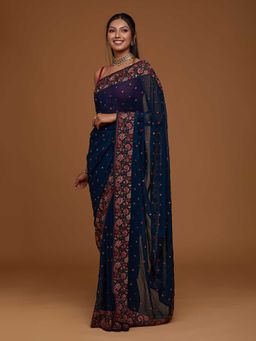 Koskii - Peacock Navy Blue Zari Work Georgette Saree with Unstitched Blouse