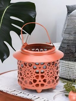 At Home by Nilkamal - Flora Cutwork Lantern cum Candle Holder|Pack of 1|14 cm x 19 cm|Rust & Gold