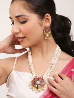 Khushi Jewels - Thakkar Kundan Pendent with Long Golden and White Pearls Mala Set