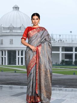 Beatitude - Grey Silk Woven Zari Work Saree with Unstitched Blouse