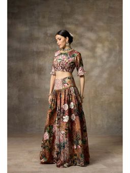 Rivaar by Rocky Star - Brown Floral Print Blouse with Lehenga (Set of 2)
