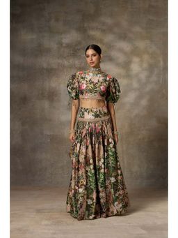 Rivaar by Rocky Star - Beige Floral Print Lehenga with Crop Top (Set of 2)