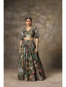 Rivaar by Rocky Star - Green Botanical Print Blouse with Lehenga (Set of 2)