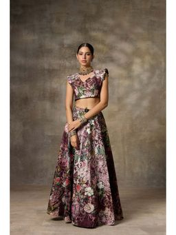 Rivaar by Rocky Star - Maroon Botanical Print Lehenga with Blouse (Set of 2)