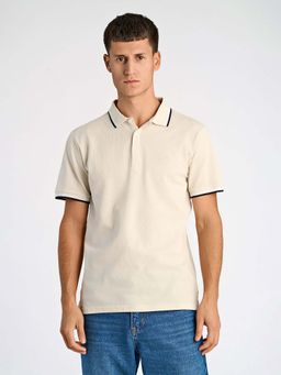 LINDBERGH - Mens Cream Polo Collar Short Sleeve Textured T-Shirt