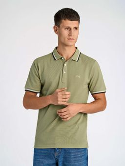 LINDBERGH - Mens Green Polo Collar Short Sleeve Textured T-Shirt
