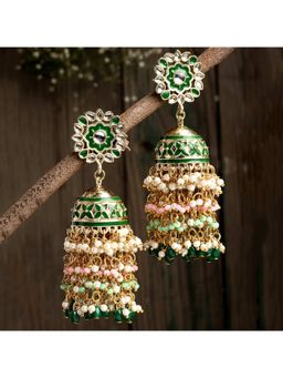 Karatcart - Green Stone and Multicolor Crystals Jhumki Earrings for Women