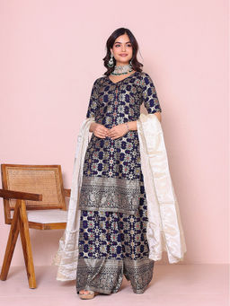PRIYANKA CHOUDHARY - Navy Blue Brocade Kurta and Palazzo with Dupatta (Set of 3)