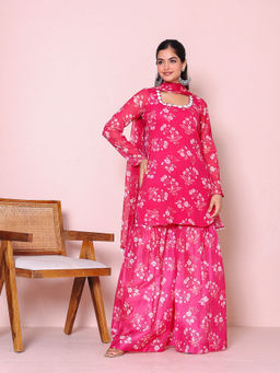 PRIYANKA CHOUDHARY - Chiffon Floral printed Kurta and Inner with Sharara and Dupatta (Set of 4)