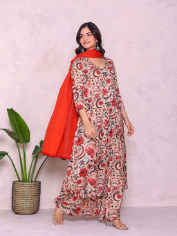 PRIYANKA CHOUDHARY - Beige Floral Print Kurta and Palazzo with Dupatta (Set of 3)
