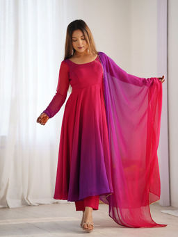 Odette - Pink Georgette Printed Semi-Stitched Kurta and Pant with Dupatta (Set of 3)