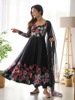 Odette - Black Georgette Printed Semi-Stitched Kurta and Pant with Dupatta (Set of 3)