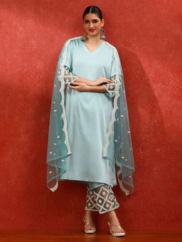 Jaipur Kurti - Solid Straight Kurta and Pant with Embroidered Dupatta (Set of 3)