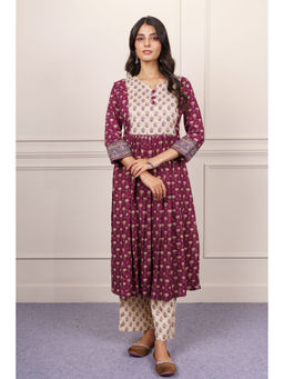NAVYAS FASHION - Wine Floral Printed Kurta and Pant (Set of 2)