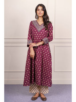 NAVYAS FASHION - Wine Floral Printed Cotton Kurta and Pant (Set of 2)