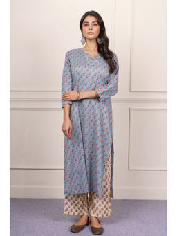 NAVYAS FASHION - Grey Floral Printed Cotton Kurta and Pant (Set of 2)