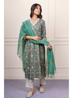 NAVYAS FASHION - Green Floral Straight Kurta and Pant and Dupatta (Set of 3)