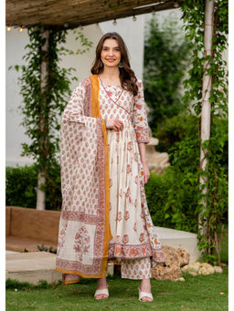 MIZAZJAIPUR - Floral Printed Calf Length Flared Kurta and Pant with Dupatta (Set of 3)