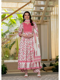 MIZAZJAIPUR - Women Cotton Floral Calf Length Flared Kurta and Pant with Dupatta (Set of 3)