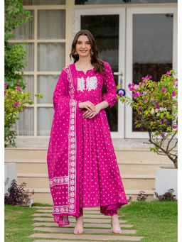 MIZAZJAIPUR - Women Cotton Printed Calf Length Flared Kurta and Pant with Dupatta (Set of 3)