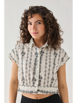 Reistor - Oversized Floral Embroidery Crop Shirt