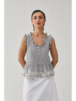 Reistor - Grey Check Embroidered Peplum Top