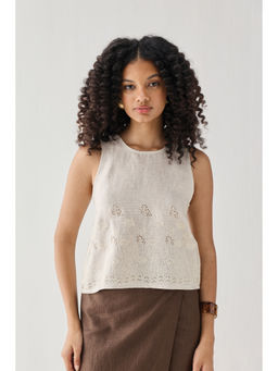 Reistor - Checkered Linen Embroidered Button Back Top