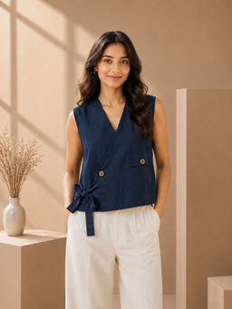 UNIMODA - Navy Blue Angarkha Jacket Style Party Top
