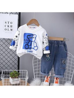 Googo Gaaga - Boys White Cotton Sweatshirt with Jeans Co-Ord Set