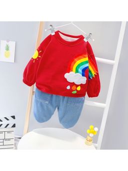 Googo Gaaga - Boys Red Cotton Sweatshirt with Jeans Co-Ord Set
