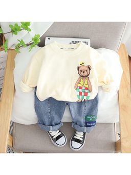 Googo Gaaga - Boys Cream Cotton Sweatshirt with Jeans Co-Ord Set
