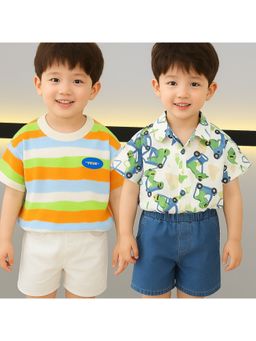 Googo Gaaga - Boys White Cotton 2 T-Shirts with 2 Shorts