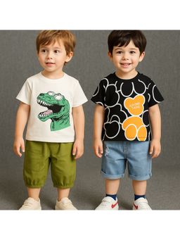 Googo Gaaga - Boys Black Cotton 2 T-Shirts with 2 Shorts