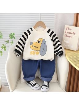 Googo Gaaga - Boys Cream Cotton Sweatshirt with Jeans Pant Set