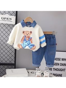 Googo Gaaga - Boys Cream Cotton Sweatshirt with Jeans Pant Set