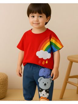 Googo Gaaga - Boys Red Cotton T-Shirt with Joggers Co-Ord Set