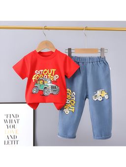 Googo Gaaga - Boys Red Cotton T-Shirt with Jeans Co-Ord Set