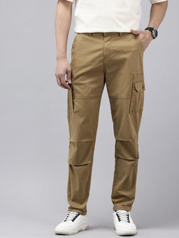 GENIPS - Men Brown Solid Cotton Cargo Trouser