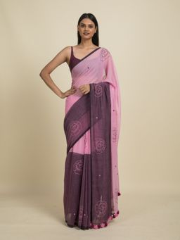 Suta - Pink and Purple Floral Block Printed Mul Cotton Saree