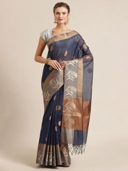 Banarasi Silk Works - Masrise Cotton Woven Saree Navy Blue with Unstitched Blouse