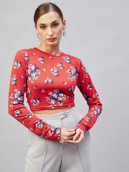 Marie Claire - Women Casual Red Colour Round Neck Floral Styled Back Top