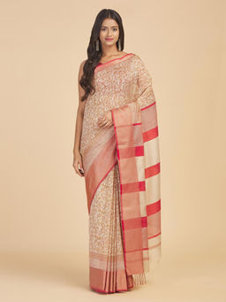 Fabindia - Beige Cotton Silk Blend Hand Block Printed Saree Without Blouse